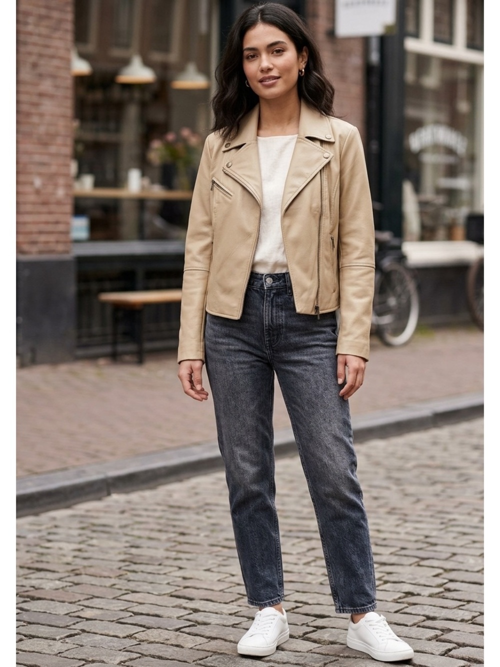 Bagatelle Tan Faux Leather Biker Jacket Zip Cuffs Size M Edgy Minimalist Urban